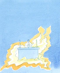 Lågor böljar ut från framsidan av altaret, 2003 (w/c på papper)