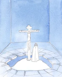 Från vår helgedom, vid varje mässa, ber Jesus Kristus, vår Frälsare, den bön som han bad för oss under sitt lidande, när han dog på Golgata: "Fader, förlåt dem", 2005 (akvarell på papper)