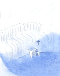 Inifrån oss, vid den heliga mässan, är Kristus förenad med sin Fader i himlen och hälsar också sina heliga i himlen., 2001 (w/c på papper)