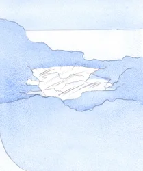 Gud blickar in i våra själar som i en klippbassäng; genom klart vatten skymtar han Kristus, grunden. Men syndens "lera" skymmer hans syn, 2002 (w/c på papper)