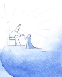 Gud Fadern, "sitter" på tronen i himlen, hälsar med förtjusning varje trofast präst som vaktade sin hjord på jorden, 2002 (w/c på papper)