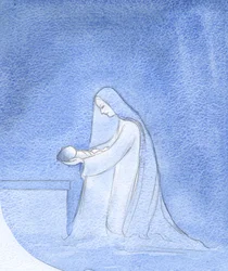 Hur enkelt lade Mary, knästående, ner sin bebis för att sova, obekymrad över tankar om sin egen privilegierade roll., 2001 (w/c på papper)