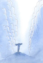 Hur änglarna, tusentals av dem, ryste av fasa när själva Guds Son dog på Golgata, i hans överlämnande och oändliga lovprisning av Fadern., 2001 (w/c på papper)