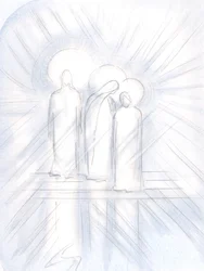 Jag såg Jesus tydligt, hans heliga moder vid hans sida och den helige Josef bredvid henne. Kristus ger dem till oss, som hjälpare och exempel, 2000 (w/c på papper)