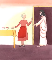 Om vi ger Kristus ett varmt välkomnande i nattvarden och sedan samtalar med honom är det som om vi bjuder in honom till ett kök för ett glatt möte, 2005 (akvarell på papper)