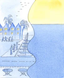 I en kuststad kan vi titta på de livliga gatorna och hamnen, eller vända oss för att beundra himlen och det lugna havet, 2003 (w/c på papper)