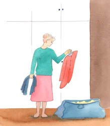 Det kan vara en god idé att rensa ut igen, först för att hjälpa människor i nöd, men också för att bespara andra människor uppgiften om ohälsa gör det troligt att andra människor måste göra samma jobb åt oss en dag snart, 2005 (akvarell på papper)