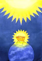 Jesus Kristus är människan som skapats av Gud; ändå kom han till jorden inte med makten, utan som en hjälplös baby, 2001 (w/c på papper)