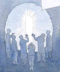Jesus flammar i himlen med renhet och kraft, 2000 (w/c på papper)