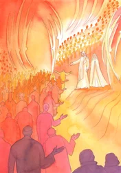 Jesus korsfäst väntar vid himlens port, med sin mor Maria och de heliga änglarna, 2000 (w/c på papper)