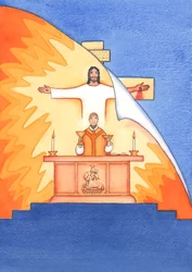 Jesus är närvarande med oss vid mässan och ber till Fadern för vår räkning, om hjälp i våra behov och om evig frälsning. Vi kan förena alla våra böner med hans stora offerbön, 2004 (w/c on pa