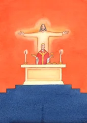 Jesus är närvarande med oss vid mässan och ber till Fadern för vår räkning, om hjälp i våra behov och om evig frälsning. Vi kan förena alla våra böner med hans stora offerbön, 2004 (w/c on pa