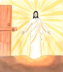 Precis som Jesus kom ljudlöst genom en låst dörr för att vara med sina vänner i övre rummet och ge dem mod och glädje, så kommer han ljudlöst till oss när vi sätter vår tillit till honom, 2005 (akvarell på papper)