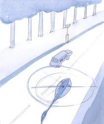 Precis som en förare på en huvudväg numera inte kan undgå att bli uppmärksammad och fotograferad, 2004 (w/c på papper)