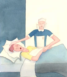 Precis som en döende syndare (av Guds nåd) kan räddas från helvetet genom besök av en välgörenhetsperson, som till exempel en sjuksköterska, 2005 (akvarell på papper)
