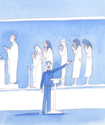 Många av dagens katoliker, som inte tror på kyrkans alla läror, målar en karikatyr av tiden före det sista konciliet, 2005 (akvarell på papper)