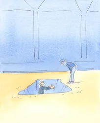 Vad tjänar det till om en man som behöver lyftas från ett hål i vägen, bara får höra av en förbipasserande: "Jag ber för dig"? Både bön och praktisk hjälp behövs., 2004 (w/c på papper)