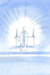 På besöksfesten uppenbarade sig Kristus, klädd i en gyllene kapsel för att hedra sin heliga moder Maria, 2002 (w/c på papper)
