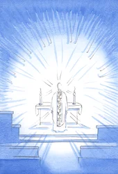 På besöksfesten uppenbarade sig Kristus, klädd i en gyllene kapsel för att hedra sin heliga moder Maria, 2002 (w/c på papper)