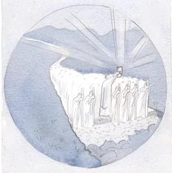 På den heliga traditionens väg, med de heliga skrifterna högt, går lärarna längs: biskopar och präster med hela folket., 2001 (w/c på papper)