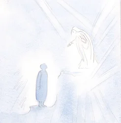 Vår välsignade fru är långt över oss i nåd och helighet, men vi får inte vara rädda för att närma oss henne., 2001 (w/c på papper)