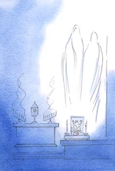 Vår Fru och Sankt Josef var glada över att vara med oss som två heliga hjälpare och att höra "de gudomliga lovsångarna" som vi bad i Kristi närvaro, 2002 (w/c på papper)