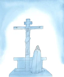 Vår Fru av Sorgerna: Sannerligen, Vår Välsignade Fru led fruktansvärt när Jesus Kristus, hennes älskade son, dog i plågor på korset, 2005 (akvarell på papper)
