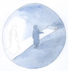 Vårt liv framåt är som en kunglig motorväg. Vi kan kliva ut på den och kräva uppmärksamhet, eller så kan vi gå tålmodigt bakom Kristus., 2001 (w/c på papper)