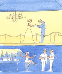 Människor i tv-program avbildas "före" och "efter", när de lär sig sociala färdigheter, 2004 (w/c på papper)