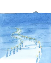 Människor som dör medan de ber (som de som dog när de bad rosenkransen på Titanic) marscherar längs en väg som verkar leda till mörker, 2002 (w/c på papper)