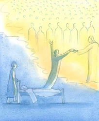 Den heliga själen som är redo för himlen möts inte bara av Kristus, utan också av hans heliga moder och alla heliga, 2003 (w/c på papper)