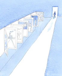 Herren visade mig en serie affischer som representerade de många ämnen som studeras i katolska skolor, 2005 (akvarell på papper)