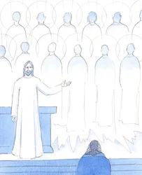 Helgonen i himlen är där för att de gjorde Guds vilja under jordelivet, eller gjorde det för sent efter att ha ångrat sig. Därför värdesätter Kristus varje handling av lydnad mot hans önskningar, 2005 (akvarell på papper)