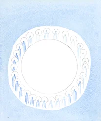 De tre gudomliga personerna är förenade och aktiva i gudomens enhet, som om de cirkulerade i oupphörlig gemenskap, 2003 (w/c på papper)