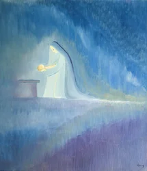 Jungfru Maria tog hand om sitt barn Jesus med enkelhet och glädje, 2001 (olja ombord)