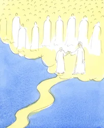 Den välsignade själen som har hållit ut till slutet, i kärlek till Kristus och sin nästa, leds av Kristus för att möta de himmelska vännerna som är samlade för att välkomna henne till deras sällskap, 2004