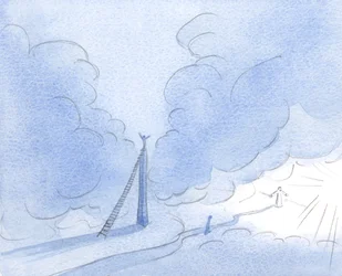 Den otåliga själen (Kristus visade mig) bygger ett högt torn, strävar efter ljus, istället för att stadigt följa den låga, smala vägen., 2001 (w/c på papper)
