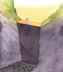 Syndens mur, som skiljer oss från Gud, skalas endast av Kristus, som står med sin moder. Han ensam kan hjälpa oss att nå himlens ära, 2002 (w/c på papper)