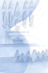 Hela kyrkobyggnaden myllrar av änglar; vi borstar dem i varje ögonblick., 2001 (w/c på papper)