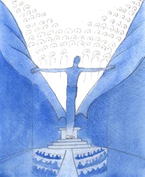 Genom honom, med honom: Kristus, närvarande bland oss, river sönder gardinen som skiljer oss från himlen, 2005 (akvarell på papper)