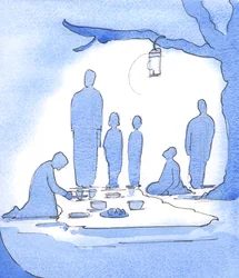Tid för ett stopp: När pilgrimsfamiljen använder sina försörjningar, så åtnjuter kyrkan ljus, ledarskap, mat och underhåll och mission, 2003 (w/c på papper)