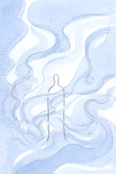 Vi är inbjudna att bära kärlekens rena eld, som är Gud, i omfamningen av någon som vi själva: Guds Son, vår Frälsare., 2001 (w/c på papper)