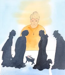 Vi har rätt att fira Jesu Kristi födelse och att njuta av krubbor och andra traditioner, men framför allt måste vi hjälpa de behövande, för att hedra honom som kom för att hjälpa oss i vår nöd, när vi var fångade i våra synder, 2004 (akvarell på papper)