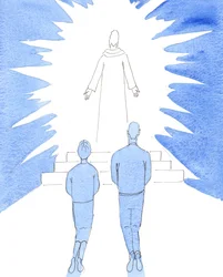 Vi måste granska våra liv för att se om Kristus verkligen "tronar" i våra hjärtan och hem, eller om den "gud" vi tjänar är våra egna önskningar och ambitioner, 2005 (akvarell på papper)