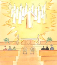 När en man och en kvinna ska avlägga sina äktenskapslöften i en katolsk kyrka är Kristus där med alla sina helgon för att bevittna äktenskapet, som är ett av kyrkans sakrament, 2005 (akvarell på papper)