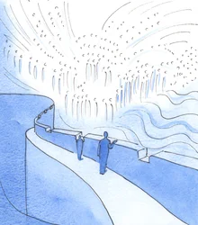 Den som pausar i hans verk för att be - ensam eller i delad bön - kan blicka mot himlen, där Kristus regerar med de heliga i härlighet, 2003 (w/c på papper)
