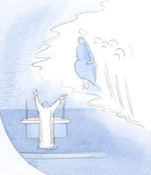 Med vilken glädje prisar Kristus (vid altaret) sin moder, i beundran över hennes person och hela hennes livsverk., 2001 (w/c på papper)