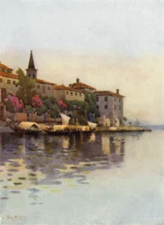 En grå morgon, Lago Maggiore (färg litho)