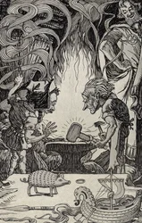 The Third Gift an Enormous Hammer, illustration från Myths from Many Lands, publicerad 1912