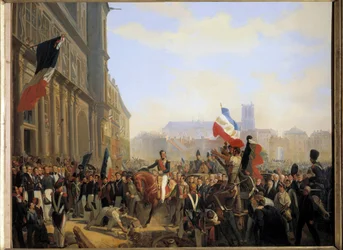 Julirevolutionen 1830: Louis Philippe, hertig av Orleans (som blev kung av Frankrike Louis Philippe 1er) (1773-1850), kungarikets generallöjtnant anlände till stadshuset i Paris den 31 juli